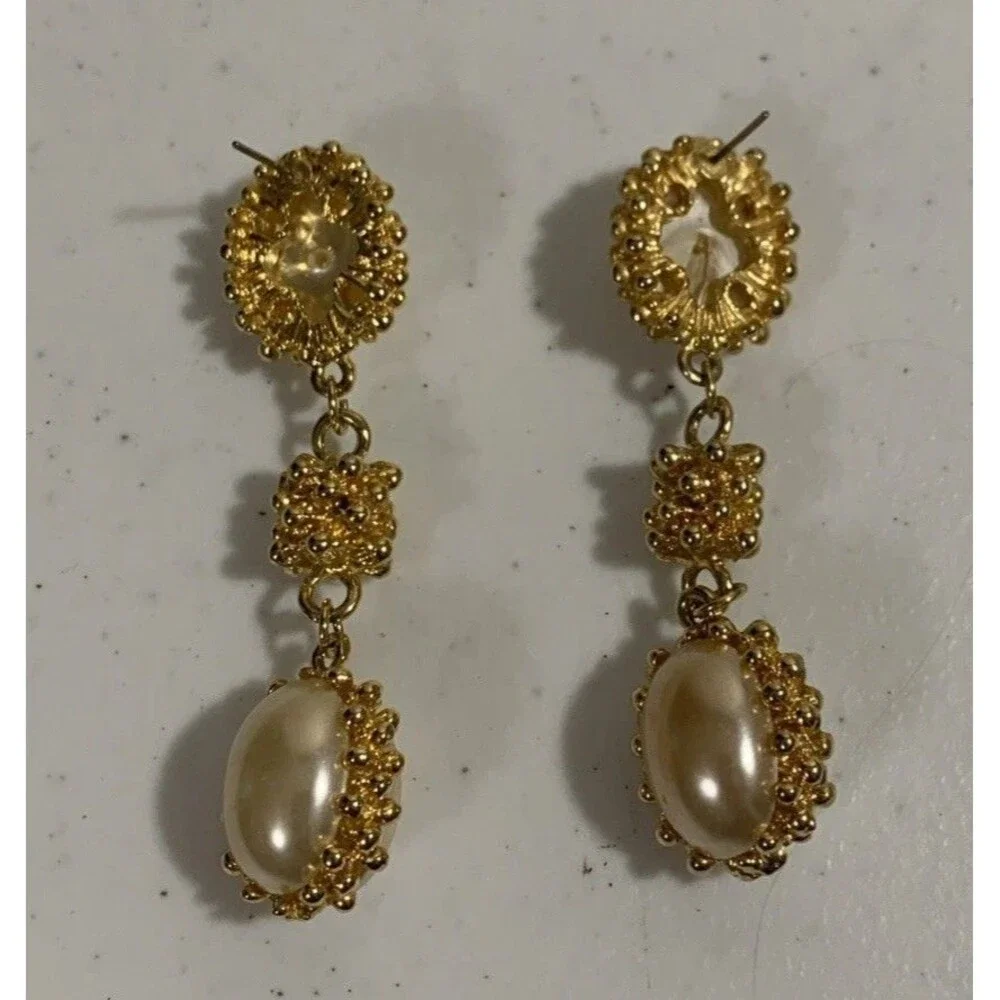 Vintage Chunky Faux White Pearl Gold Tone Statement Earrings